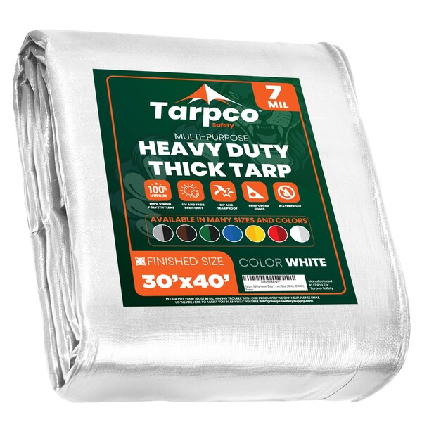 Tarpco Safety Heavy Duty Tarp, 40 ft L x 0.5 mm H x 30 ft W, 7 Mil, White, Polyethylene TS-204-30X40 - main
